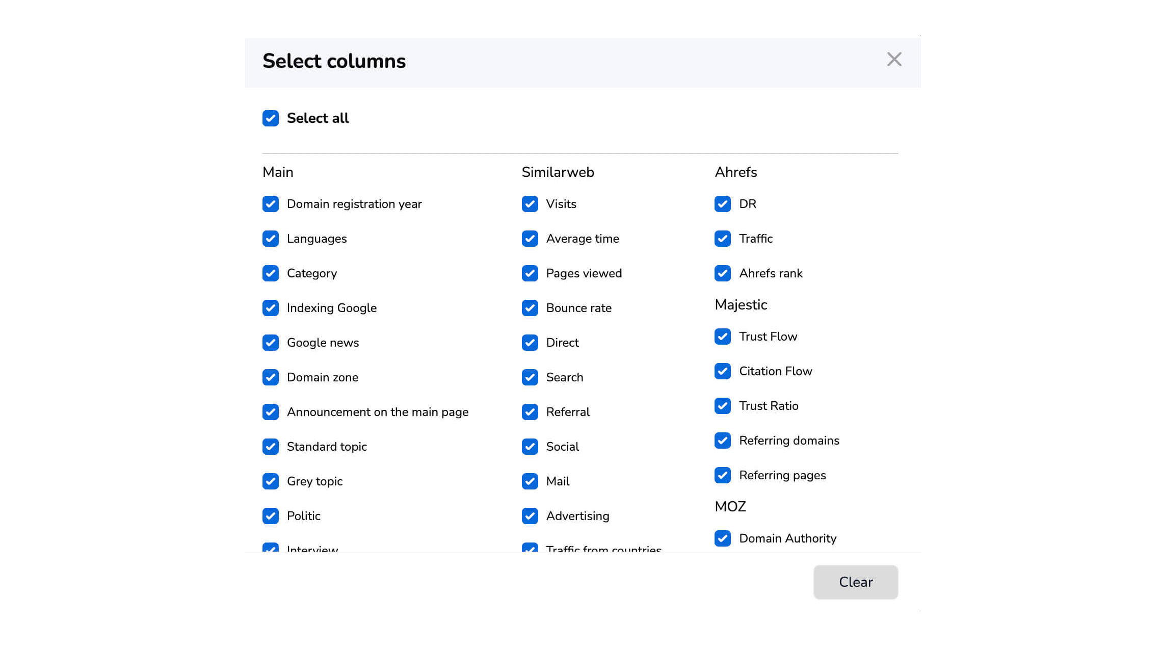 Настройки колонок
