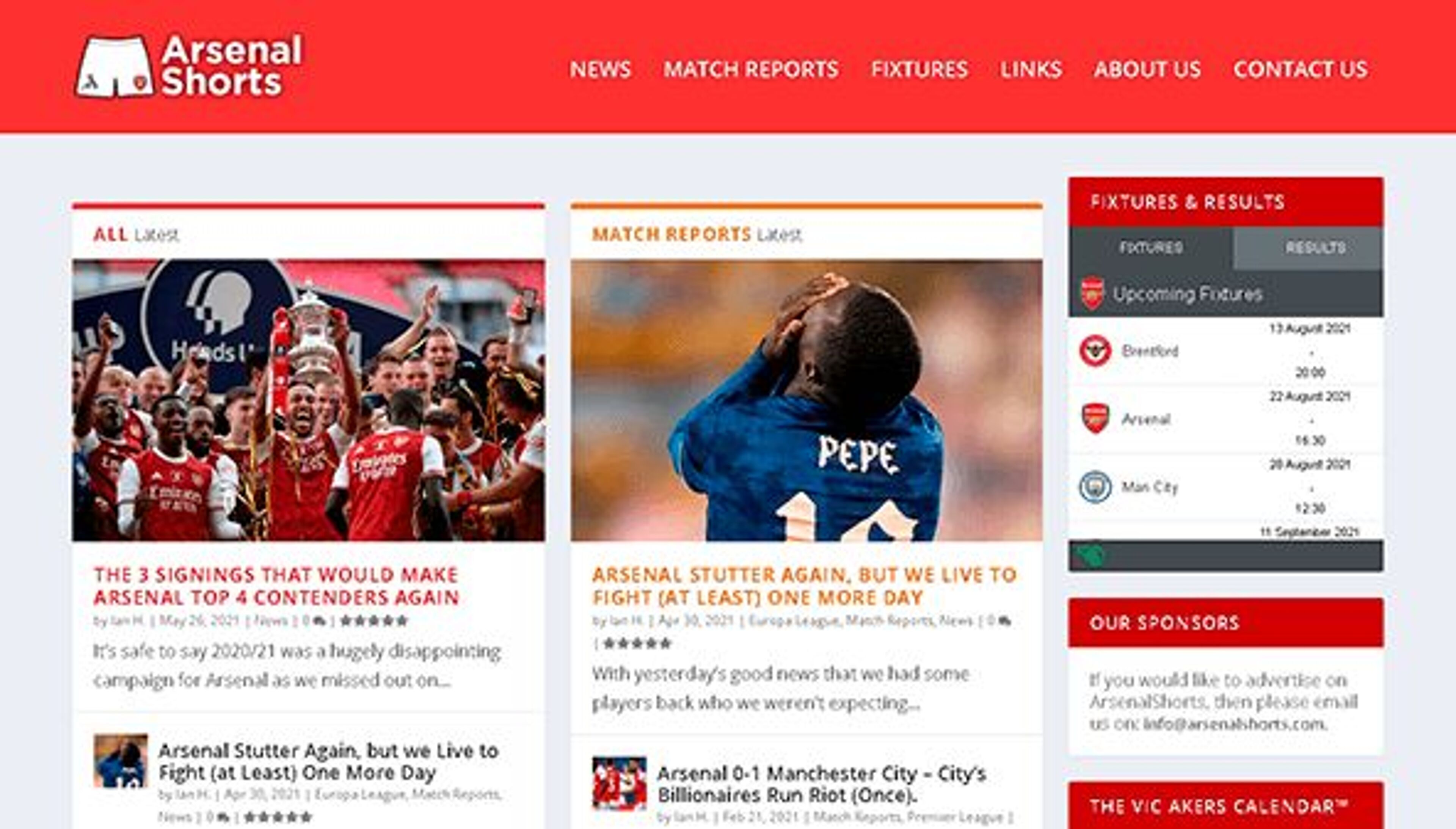 Pantaloncini dell'Arsenal (arsenalshorts.com)